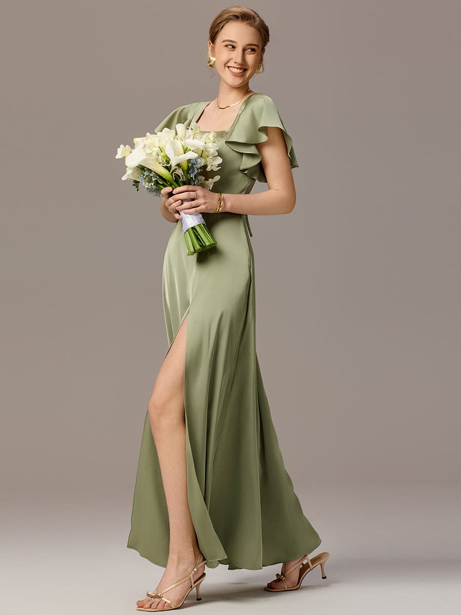 ever LIORIE|Satin Square Neck Short Sleeve Ruffled Maxi Bridesmaid Dress with Pockets