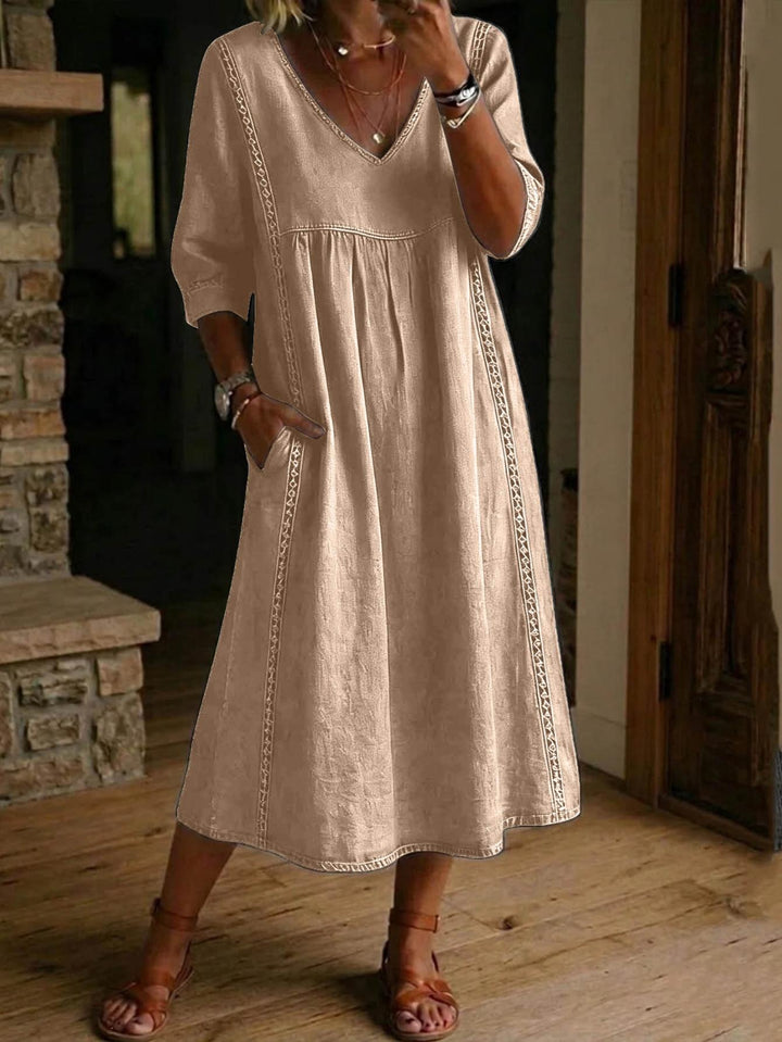 Carmen | Elegant Linen Maxi Dress with Ruched 3/4 Sleeves