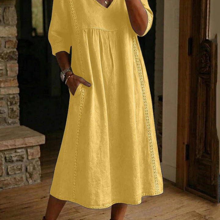 Carmen | Elegant Linen Maxi Dress with Ruched 3/4 Sleeves