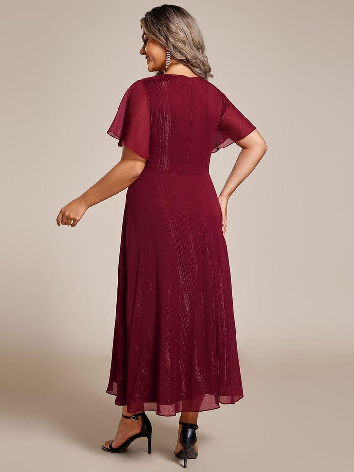pretty OPAHL|Plus Size Silver Metallic Fabric V-Neck A-Line Wedding Guest Dress featuring Delicate Ruffled Hem