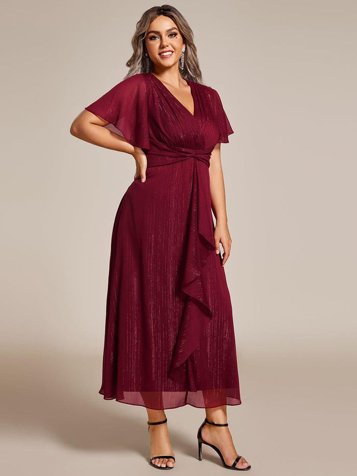 pretty OPAHL|Plus Size Silver Metallic Fabric V-Neck A-Line Wedding Guest Dress featuring Delicate Ruffled Hem