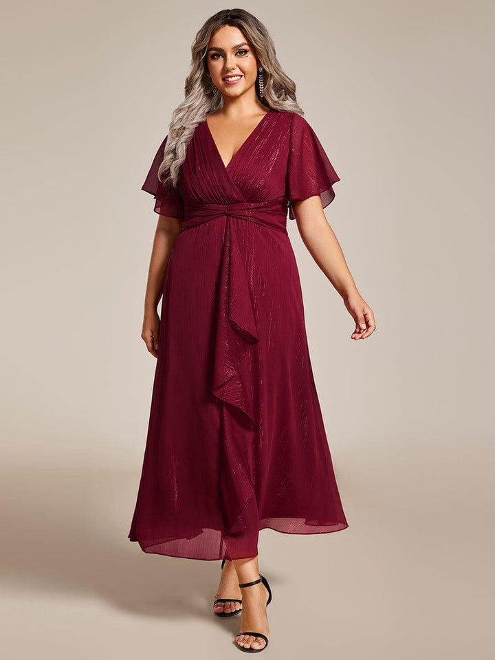 pretty OPAHL|Plus Size Silver Metallic Fabric V-Neck A-Line Wedding Guest Dress featuring Delicate Ruffled Hem