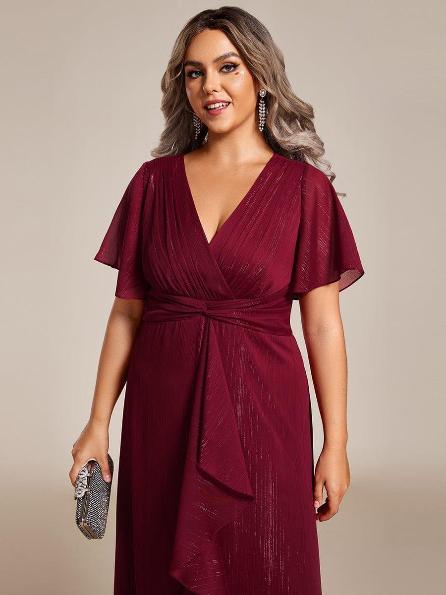 ever OPAHL|Silver Metallic Fabric V-Neck A-Line Wedding Guest Dress Featuring Delicate Ruffled Hem