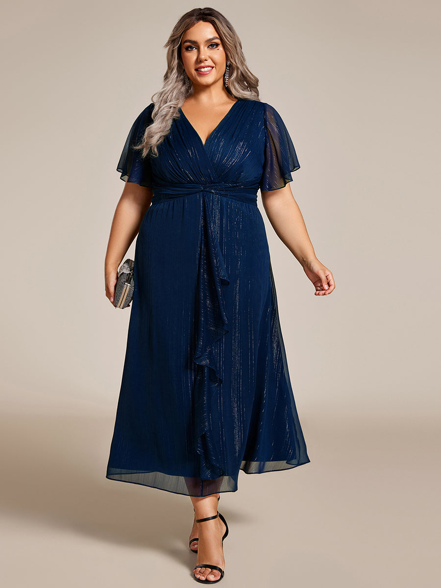 pretty OPAHL|Plus Size Silver Metallic Fabric V-Neck A-Line Wedding Guest Dress featuring Delicate Ruffled Hem
