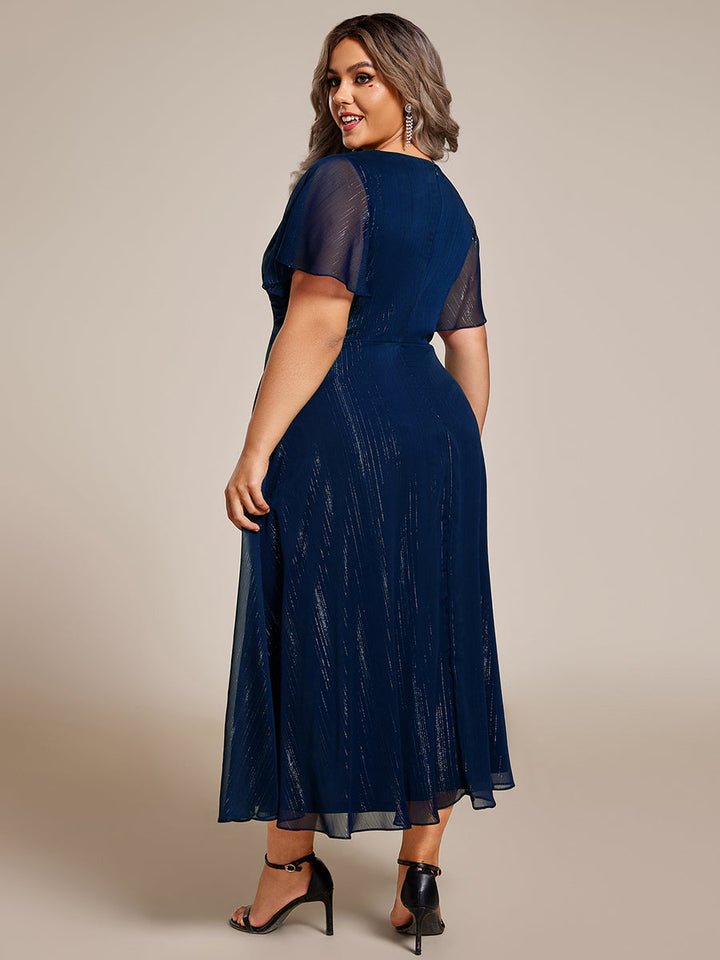 ever OPAHL|Silver Metallic Fabric V-Neck A-Line Wedding Guest Dress Featuring Delicate Ruffled Hem