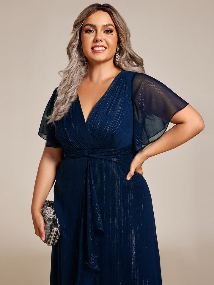 ever OPAHL|Silver Metallic Fabric V-Neck A-Line Wedding Guest Dress Featuring Delicate Ruffled Hem