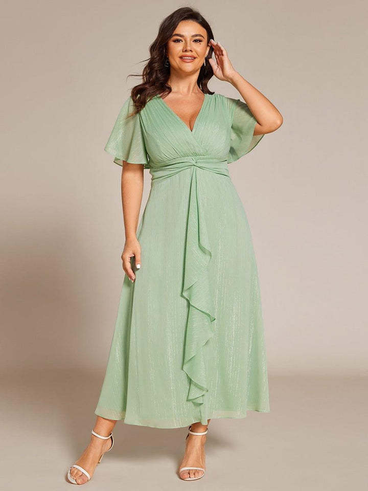 pretty OPAHL|Plus Size Silver Metallic Fabric V-Neck A-Line Wedding Guest Dress featuring Delicate Ruffled Hem