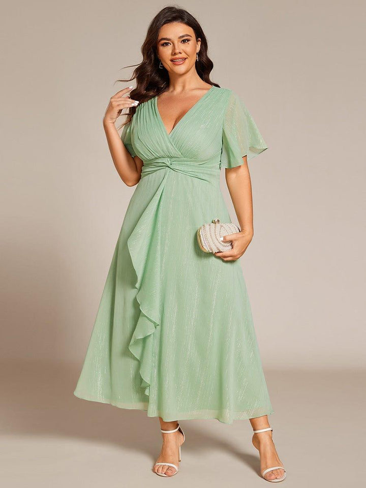 pretty OPAHL|Plus Size Silver Metallic Fabric V-Neck A-Line Wedding Guest Dress featuring Delicate Ruffled Hem