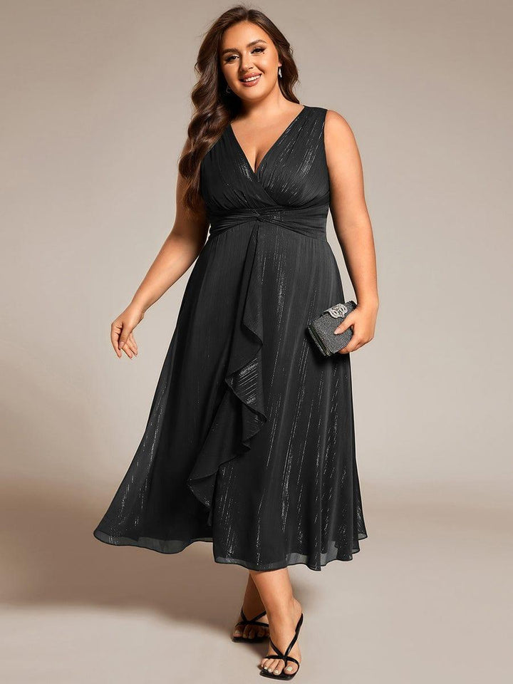 ever MEI|Glitter Sleeveless A-Line Midi Wedding Guest Dress with Ruffled Hem