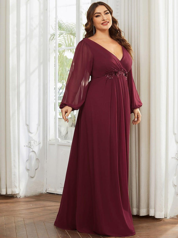 pretty AMOUR|Stylish Plus Size Chiffon Formal Evening Dresses with Long Lantern Sleeves