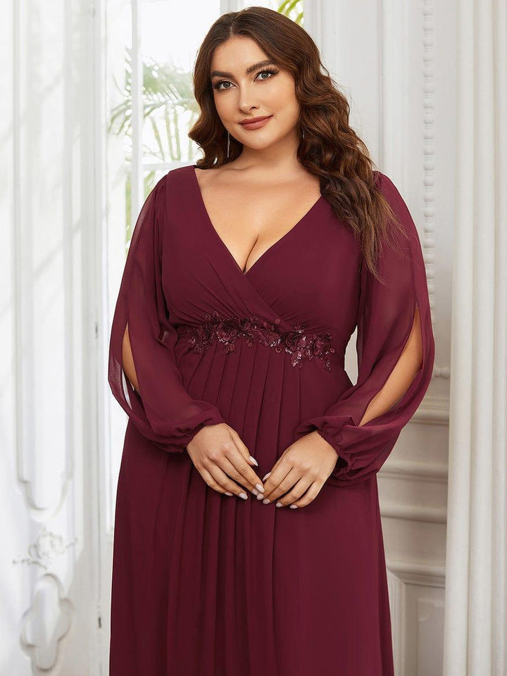 ever AMOUR|Elegant Chiffon V-Neckline Long Sleeve Wedding Guest Dress
