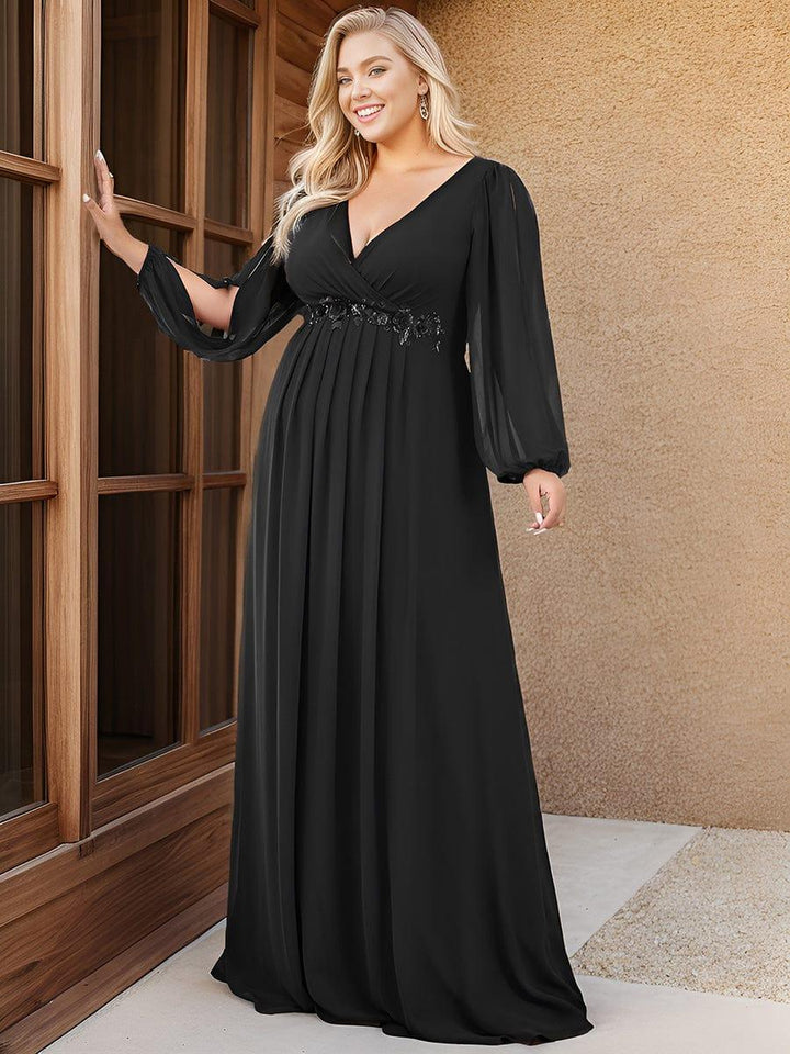 pretty AMOUR|Stylish Plus Size Chiffon Formal Evening Dresses with Long Lantern Sleeves