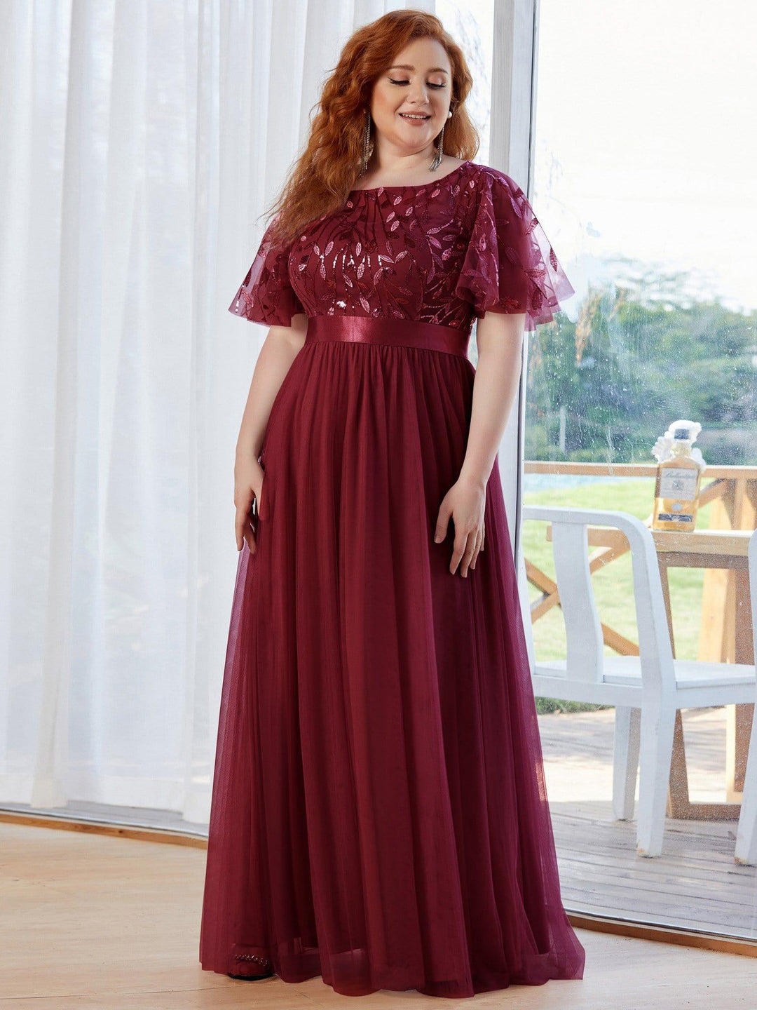 ever SAPHIR|Women's A-Line Sequin Leaf Maxi Prom Dress with Sleeves