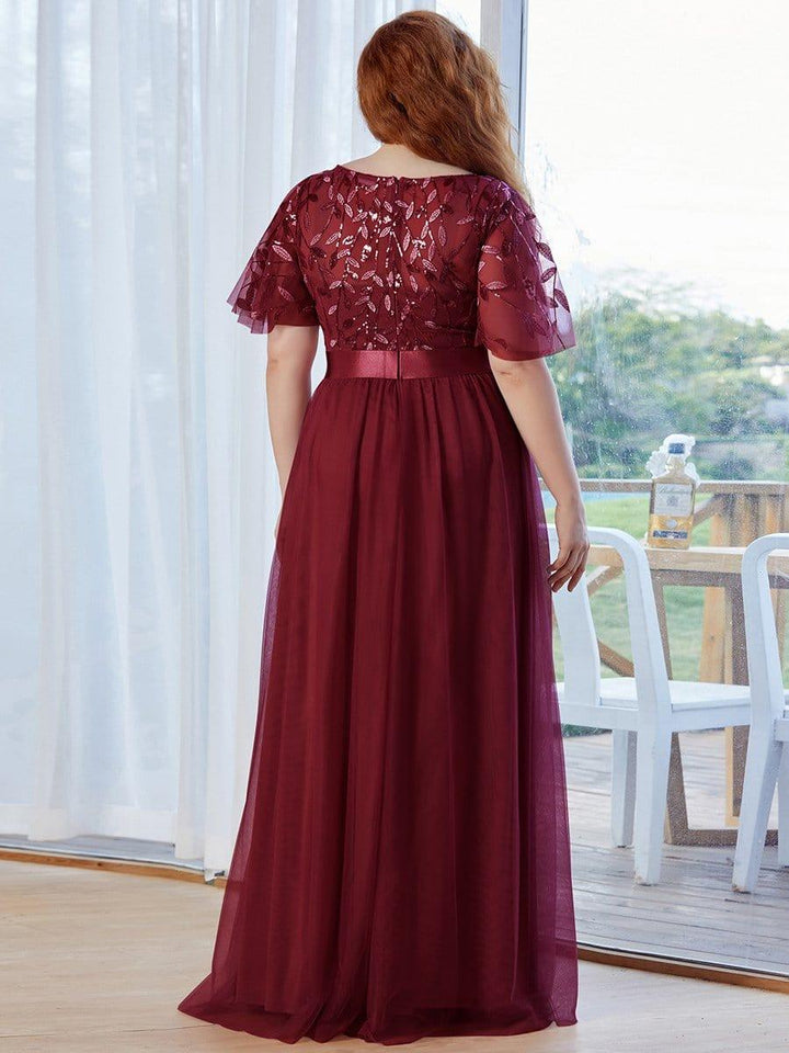 ever SAPHIR|Women's A-Line Sequin Leaf Maxi Prom Dress with Sleeves