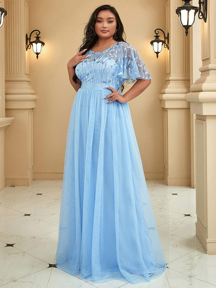 ever SAPHIR|Women's A-Line Sequin Leaf Maxi Prom Dress with Sleeves