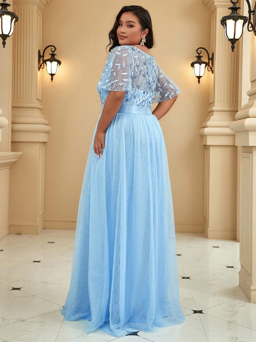 ever SAPHIR|Women's A-Line Sequin Leaf Maxi Prom Dress with Sleeves
