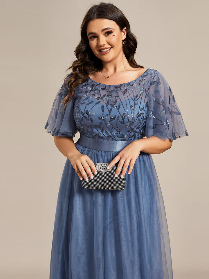 ever SAPHIR|Women's A-Line Sequin Leaf Maxi Prom Dress with Sleeves