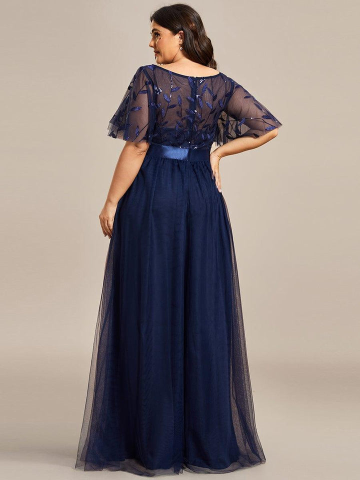 ever SAPHIR|Women's A-Line Sequin Leaf Maxi Prom Dress with Sleeves