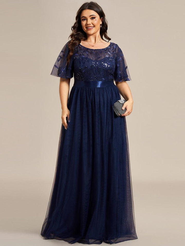 ever SAPHIR|Women's A-Line Sequin Leaf Maxi Prom Dress with Sleeves