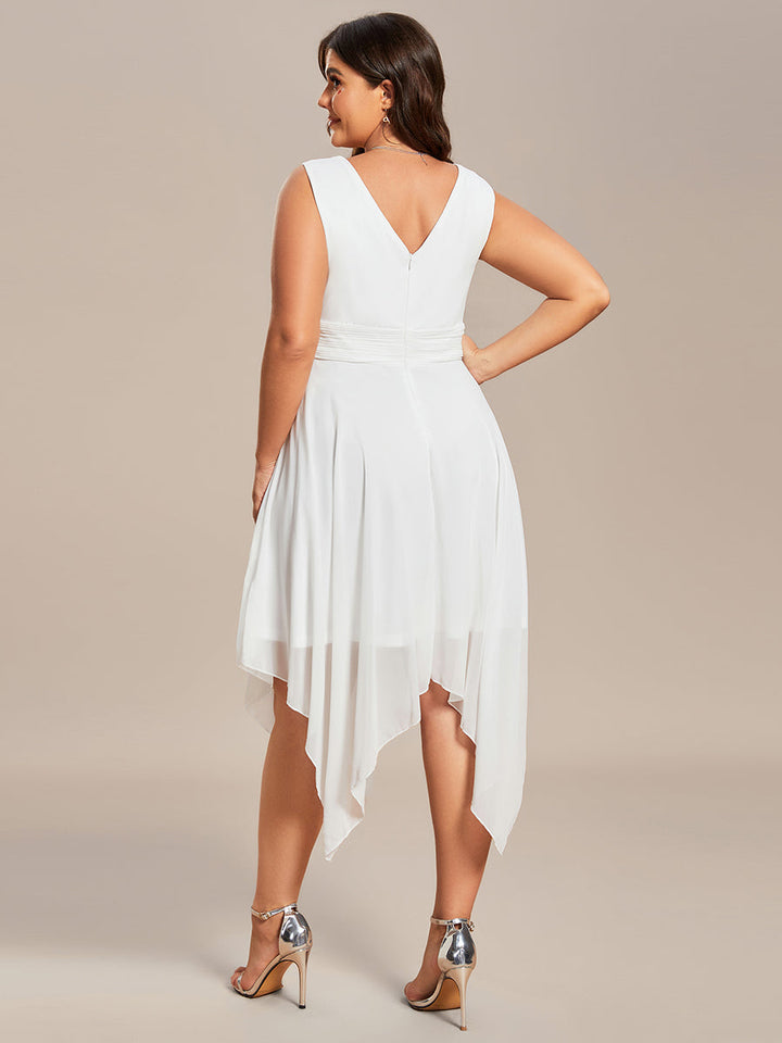 pretty ELORA|Plus Size Double V Neck Ruched-Waist Midi Chiffon Bridesmaid Dress